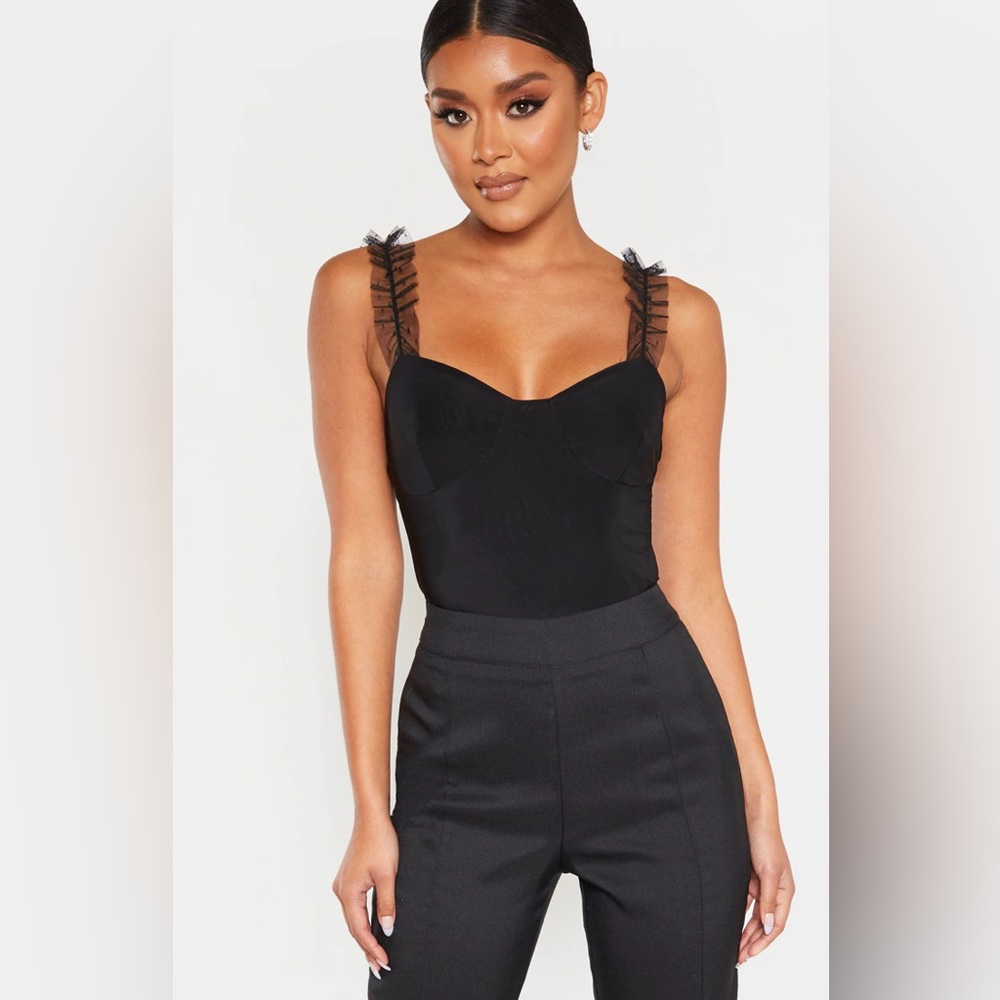 Black Dobby Mesh Frill Strap Slinky Bodysuit